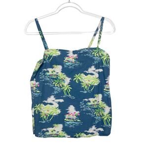 HOLLISTER Hawaiian Button Back Sleeveless Top Island Print Blue Green Size Small